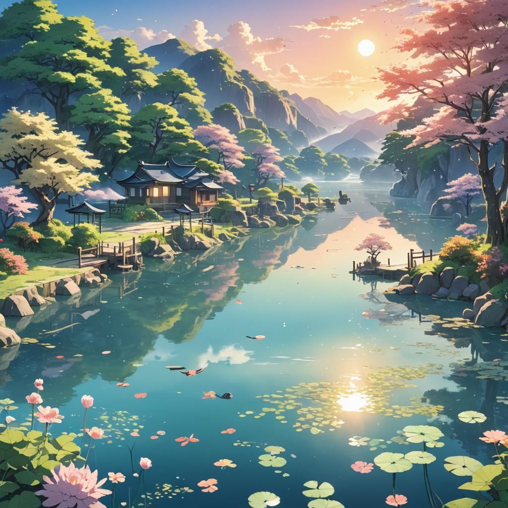 Anime Key Visual: Floating Worlds on Water