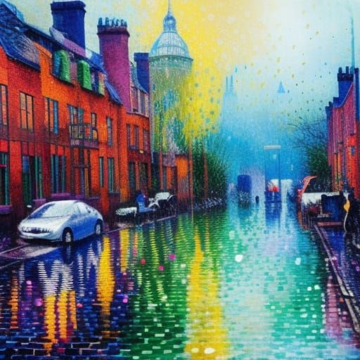 Rainy Cityscape with Reflections, Marbling and Splatter Effe...