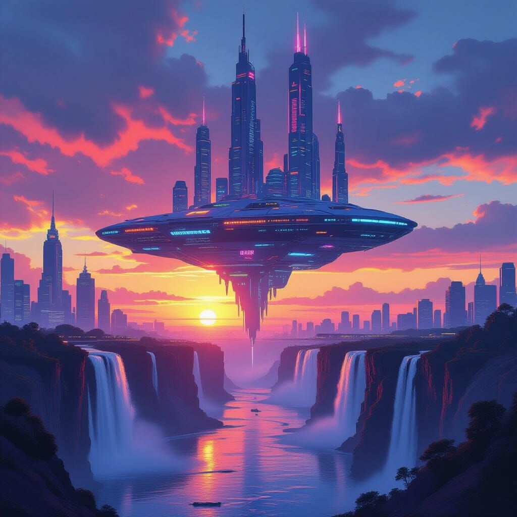 Futuristic City Over Waterfalls at Sunset in Cyberpunk Style