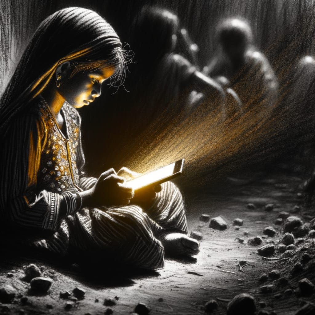 Girl with Phone in Charcoal Drawing