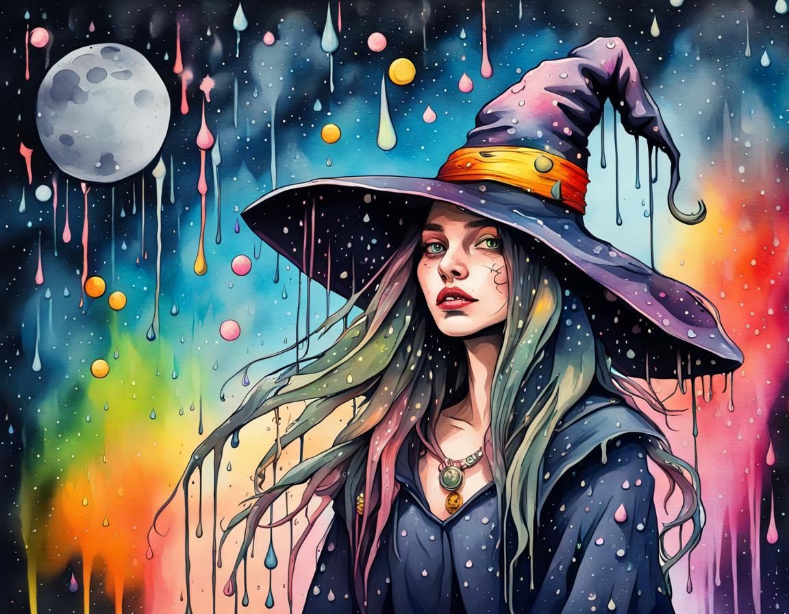 Colorful Witch Rides Broom in Watercolor Rain