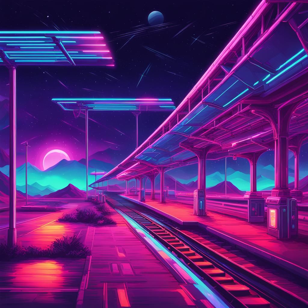 Galactic Train Station at Midnight in Synthwave Style