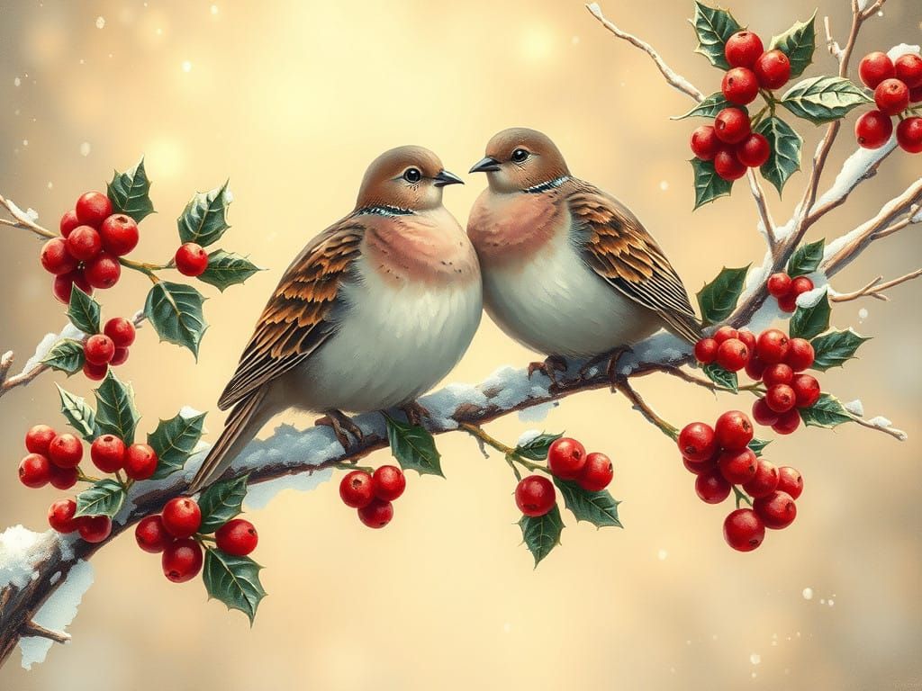 Christmas Turtle Doves in Whimsical Winter Wonderland