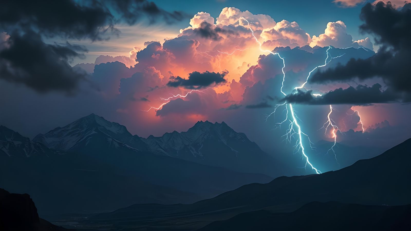 Neon Lightning Storm Over Mountain Valley