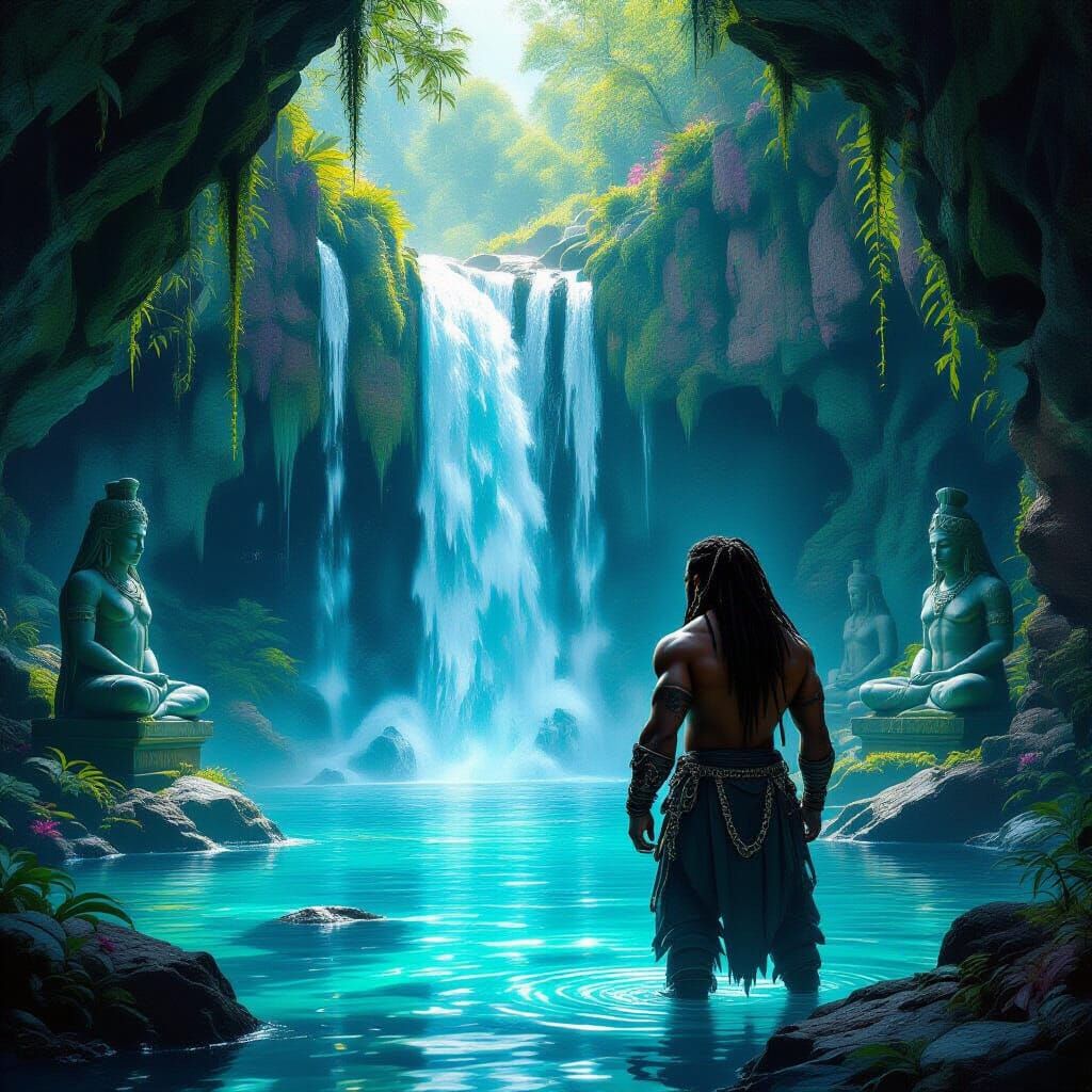 Bioluminescent Grotto with Waterfall and Ancient Statue