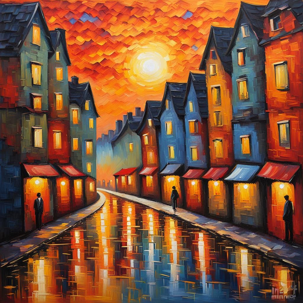 Expressionist Sunset City in Impasto Oil Painting
