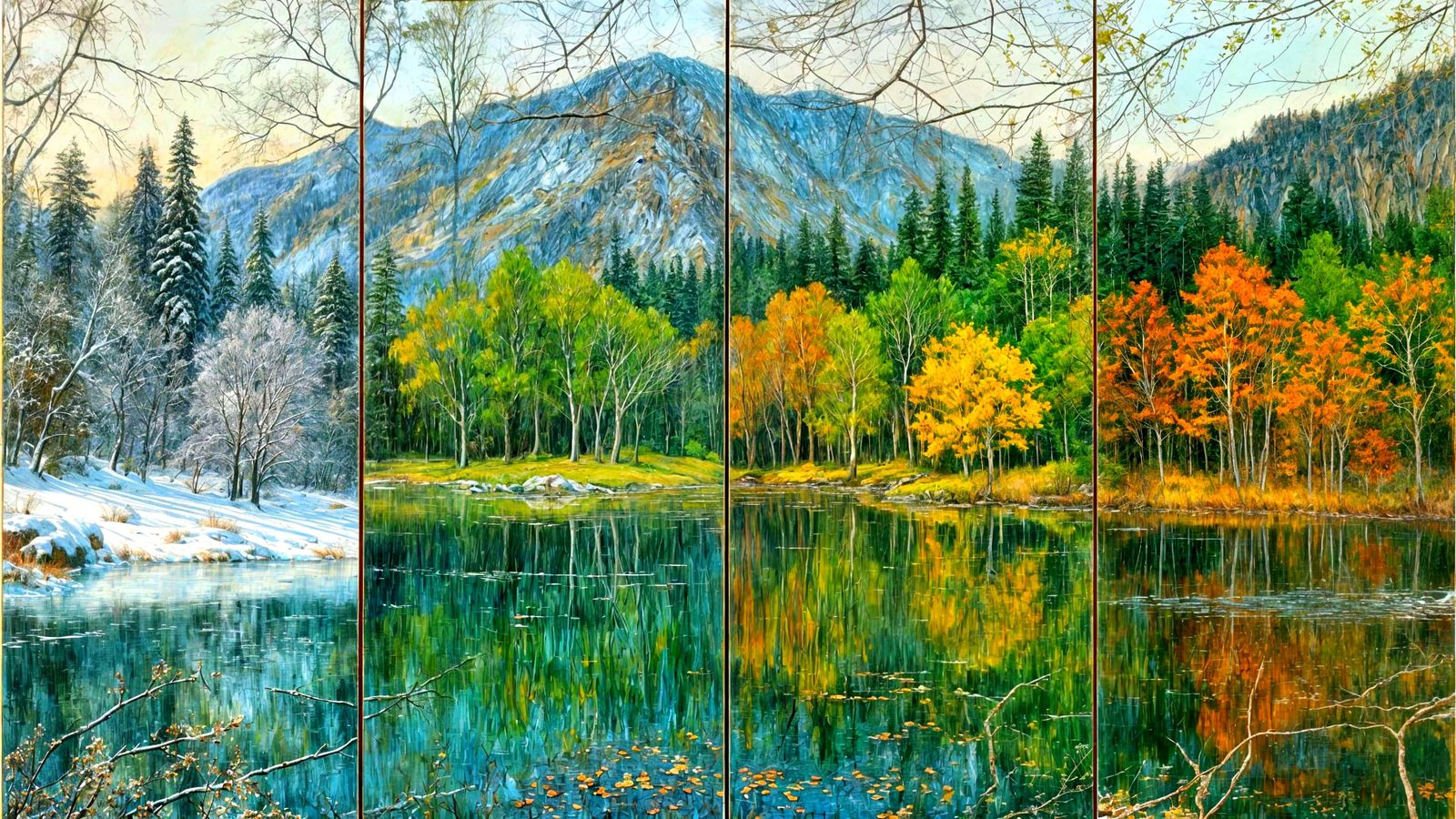 Four Seasons Quadriptych in Vintage Oil Painting Style