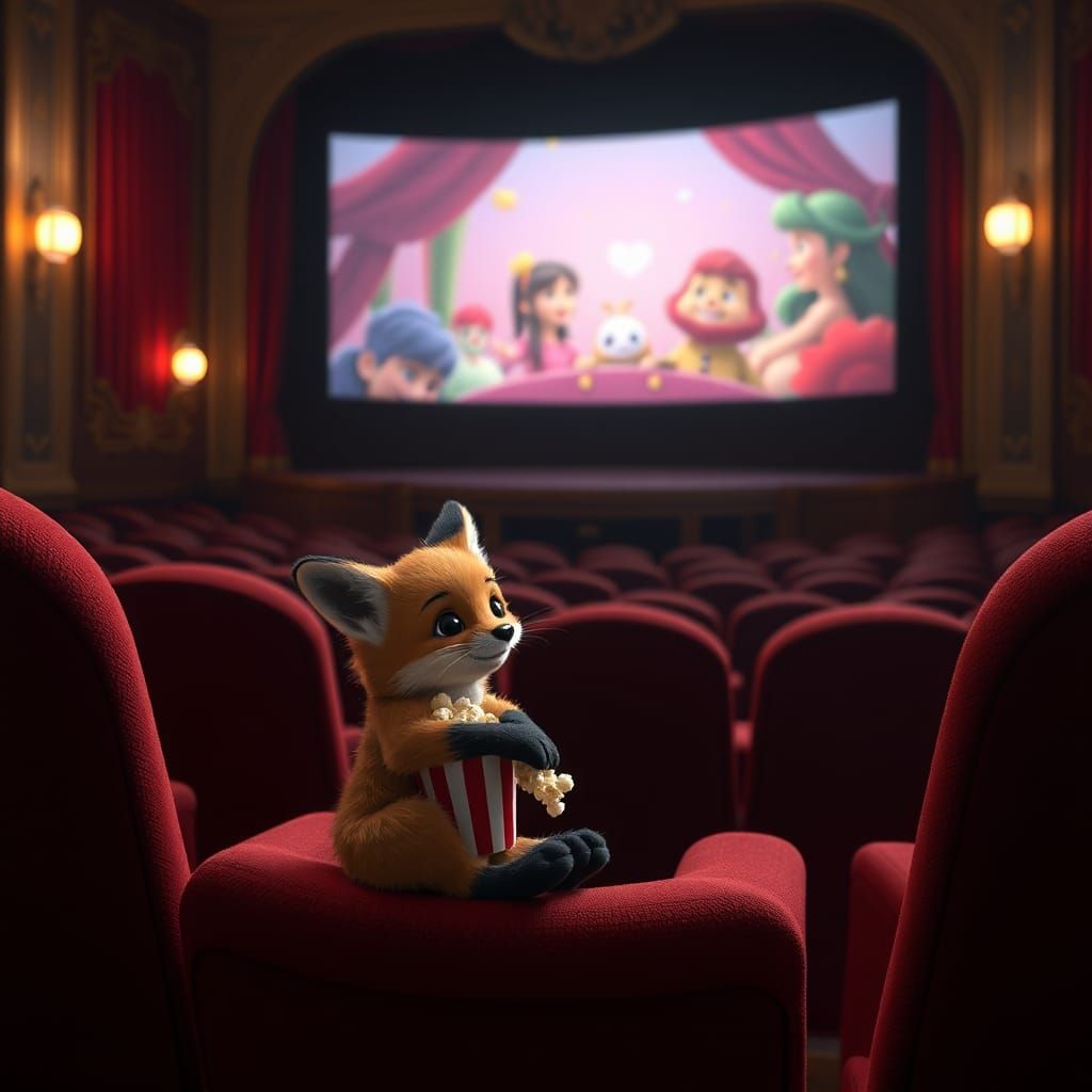 Baby Fox Enjoying Movie in Empty Theater