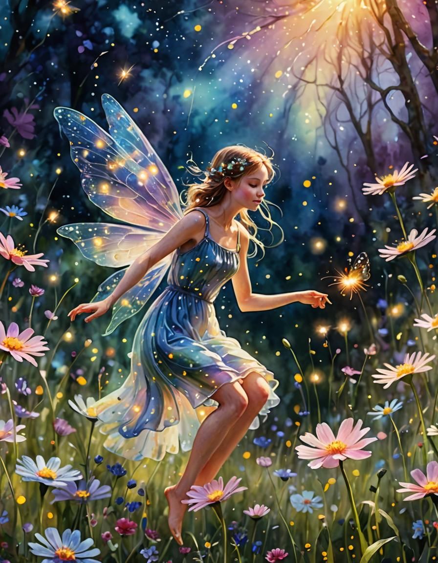 Ethereal Fairy in Floral Meadow, Watercolor Illustration