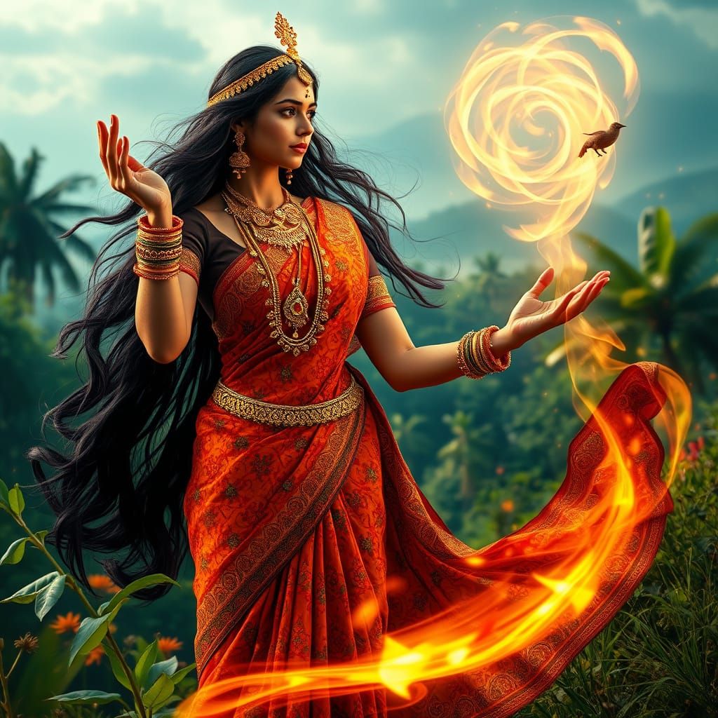 Ethereal Indian Witch Weaves Magic in Vibrant Landscape