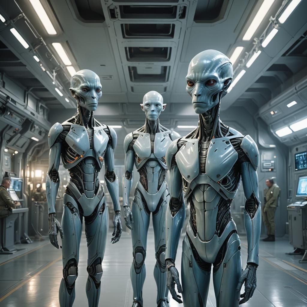 Extraterrestrial Encounter in Hangar: Hyperrealistic Concept...