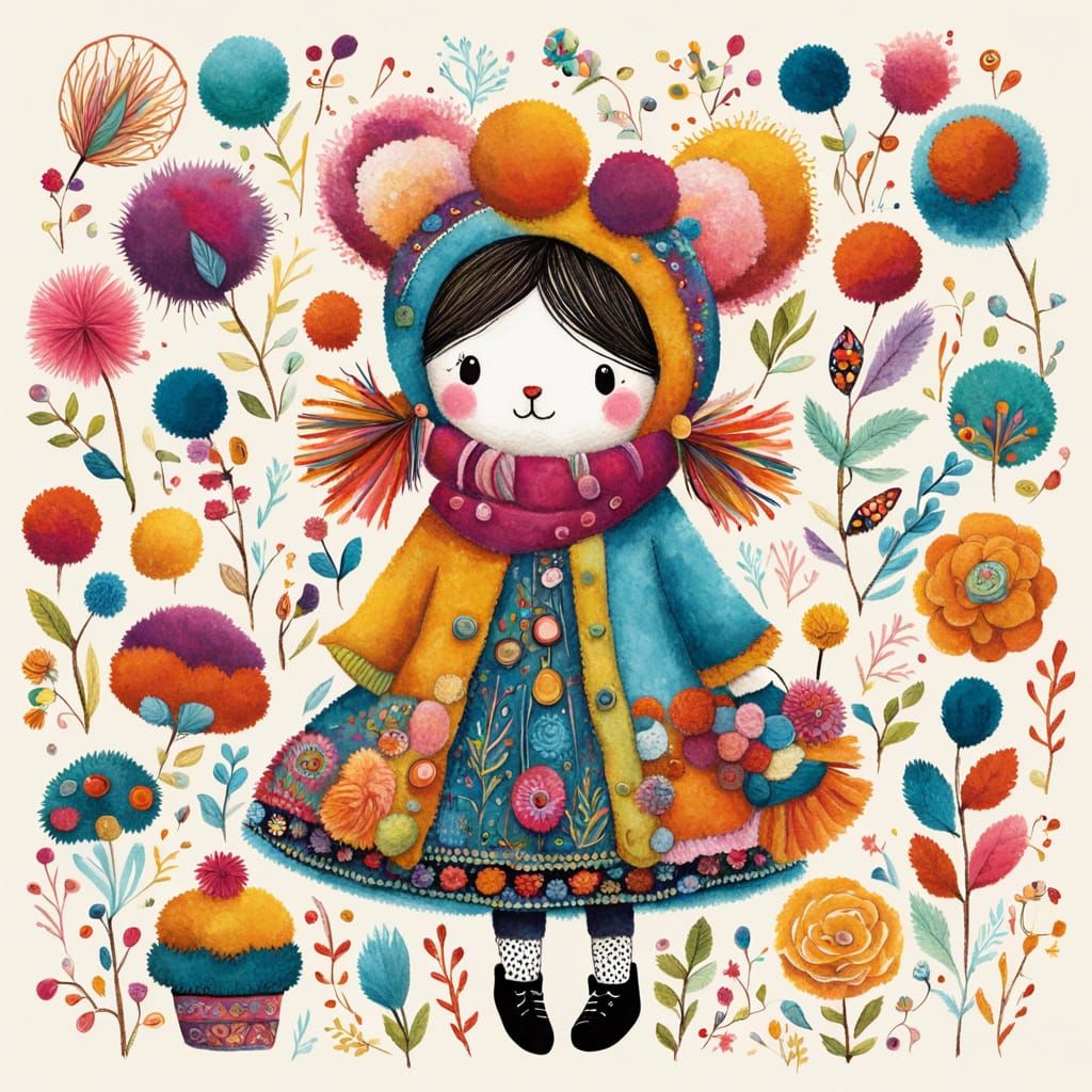 Whimsical Character Surrounded by Pom-poms in Folk Art Style