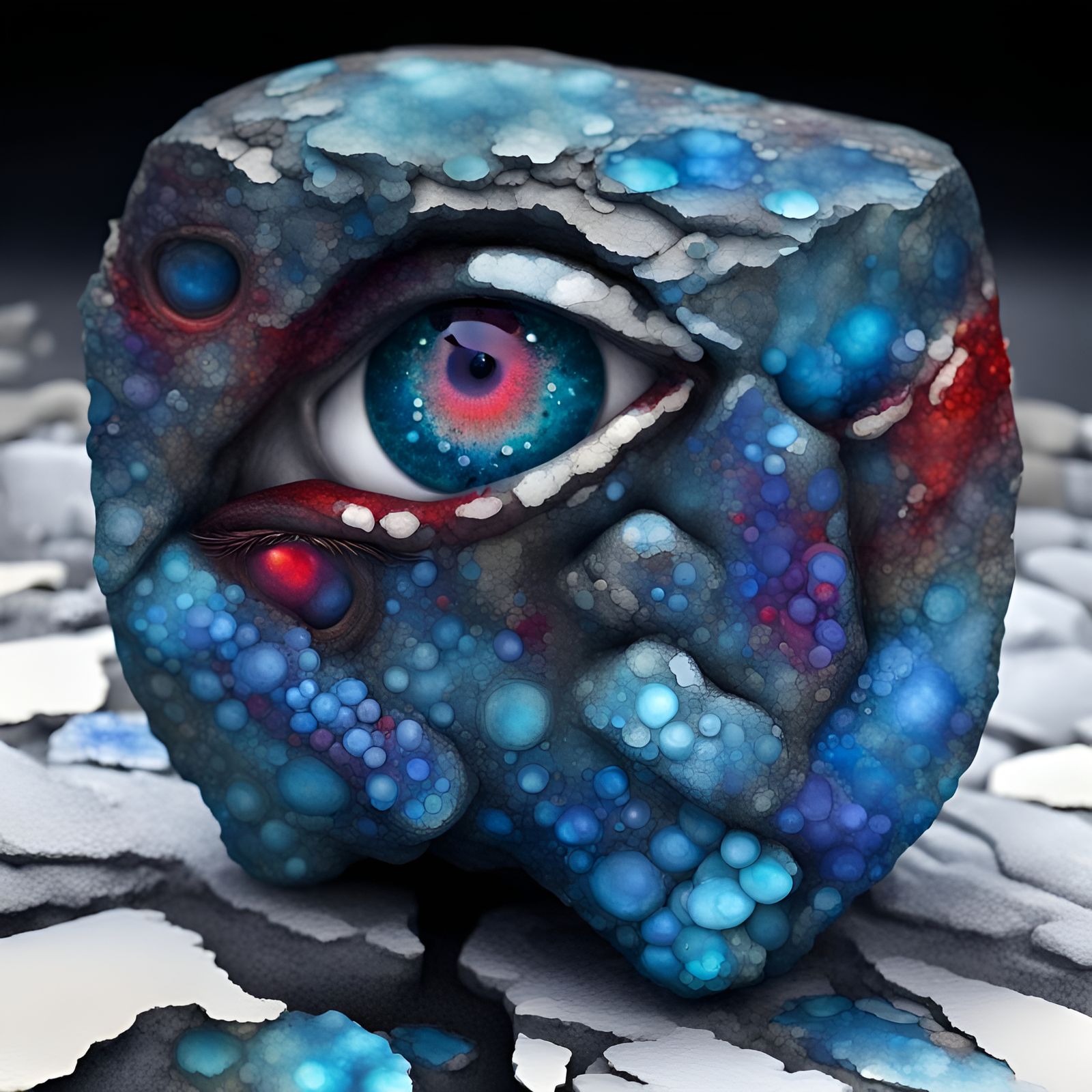 Granite Rock Creature with Vibrant Eye, Alcohol Ink Art