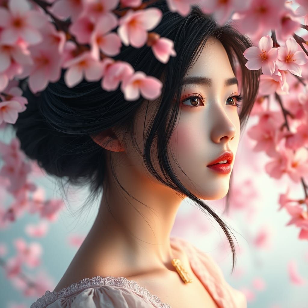 Stunning Asian Woman in Cherry Blossom Wonderland