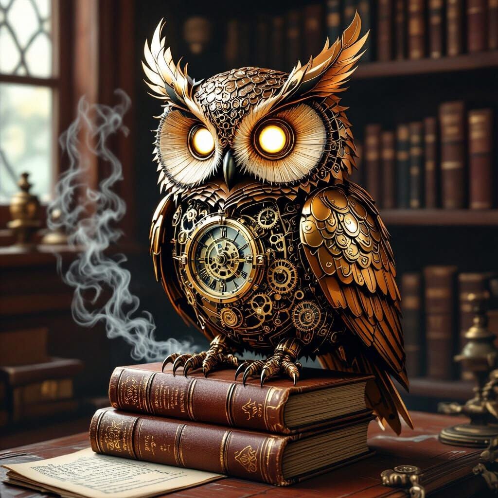 Clockwork Owl in Steampunk Style with Magical Realism