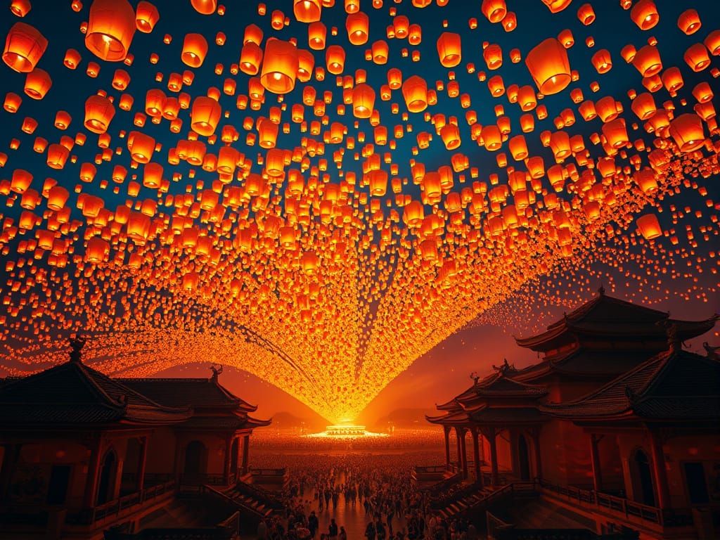 Sky Lanterns Ascend Over Ancient Temple
