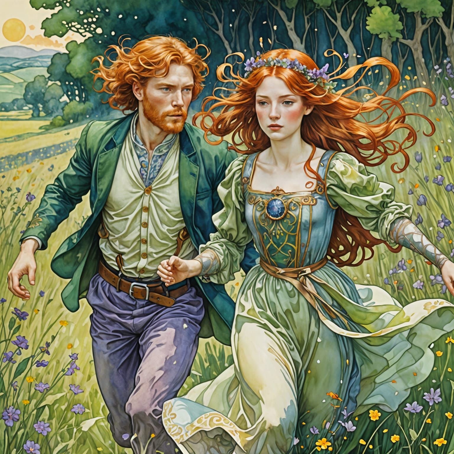 Redhead Royalty in Sunlit Meadow, Art Nouveau