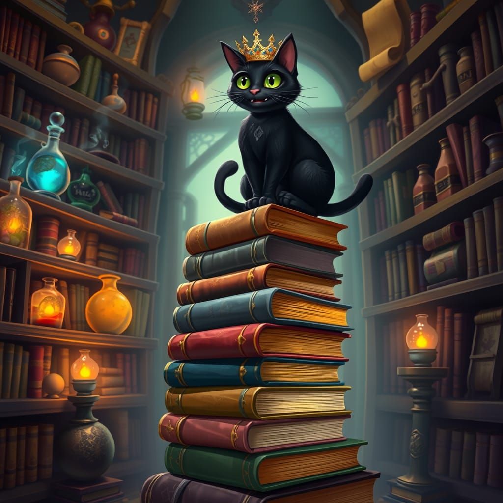 Whimsical Library Scene with Mischief-Filled Black Cat
