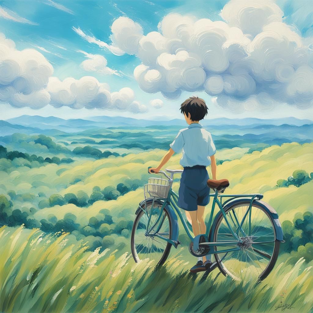 Anime Key Visual of Cyclist in Dreamy Landscape