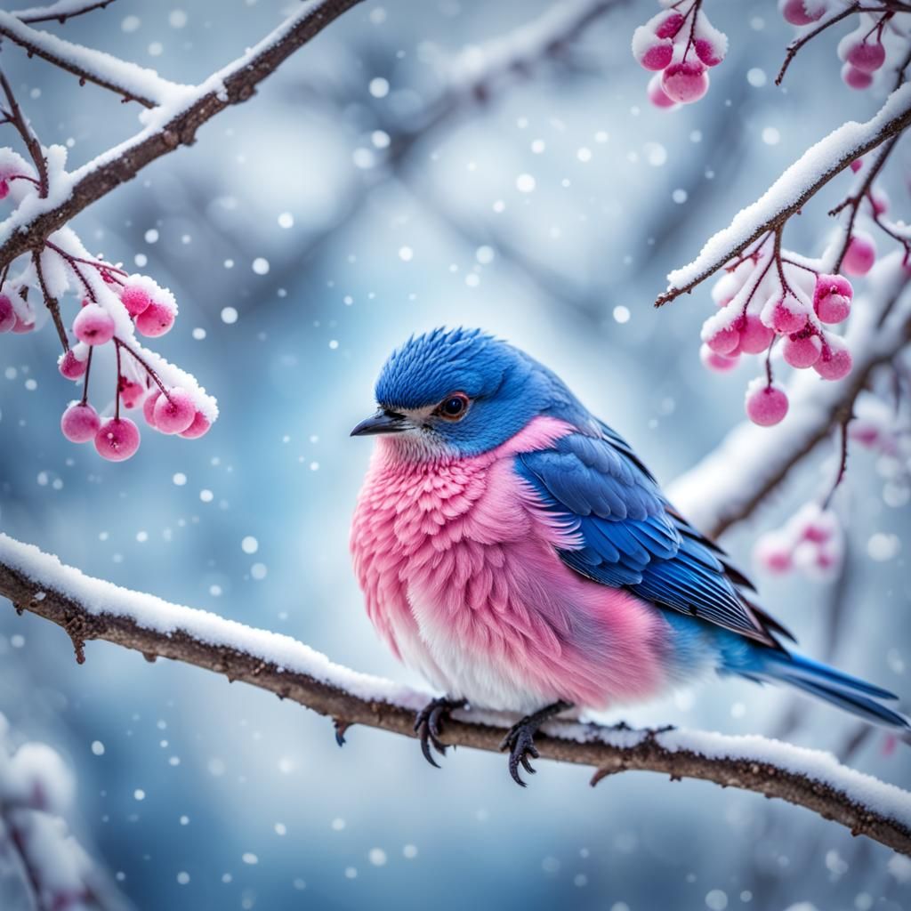 Blue and Pink Bird on Snowy Branch: Hyperrealistic HDR