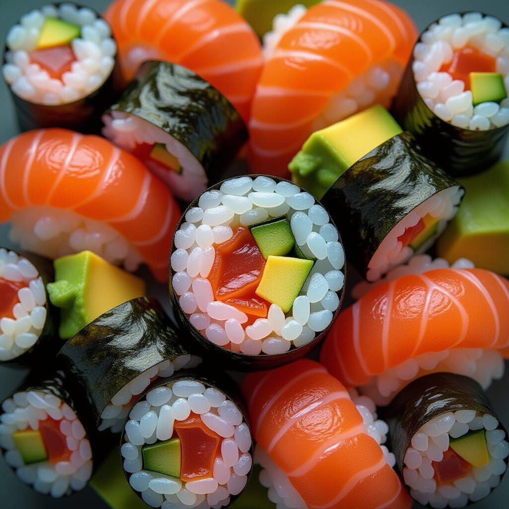 Hyper-Realistic Sushi Roll: Top View, Intricate Detail