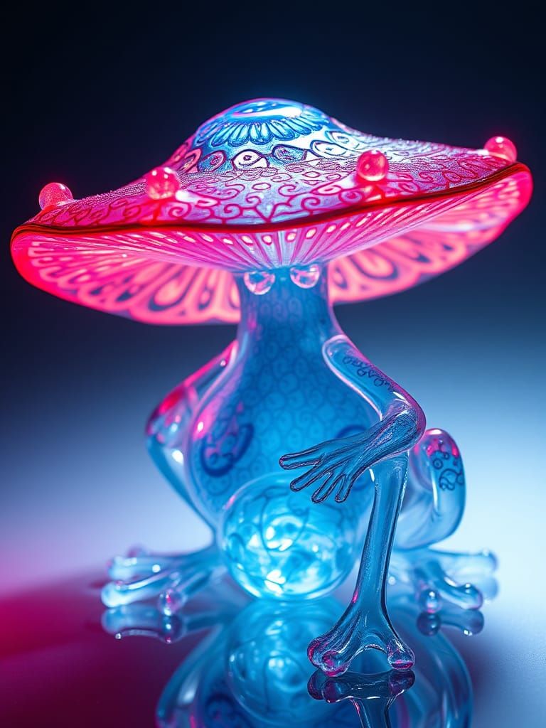 Luminescent Glass Mushroom-Frog Sculpture