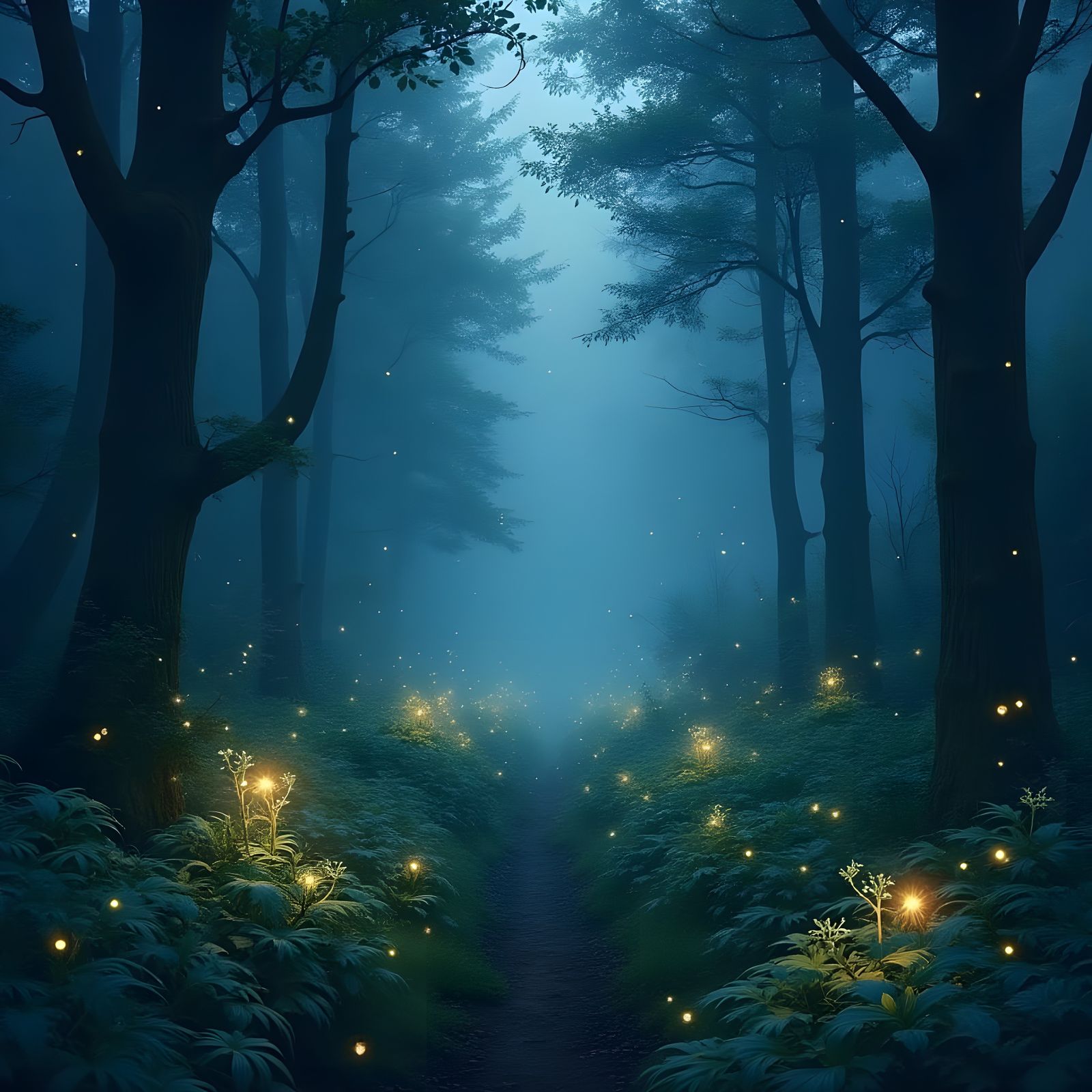 Ethereal Forest Scene with Glowing Plants and Fireflies in R...