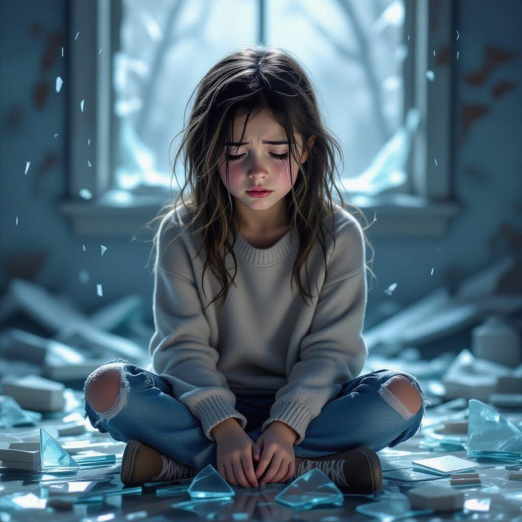 Sorrowful Girl Amid Shattered Glass