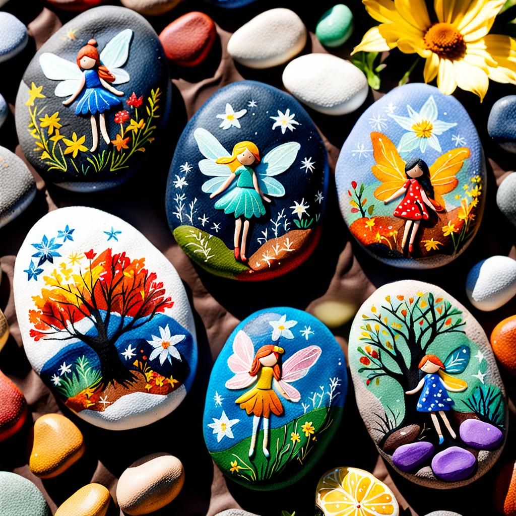 Four Seasons Fairies Painted on Acrylic Pebbles