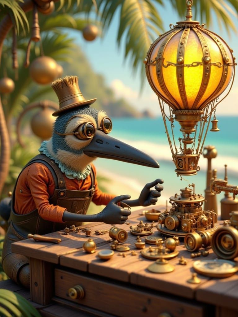 Dodo Bird Crafts Clockwork Balloon on Tropical Beach