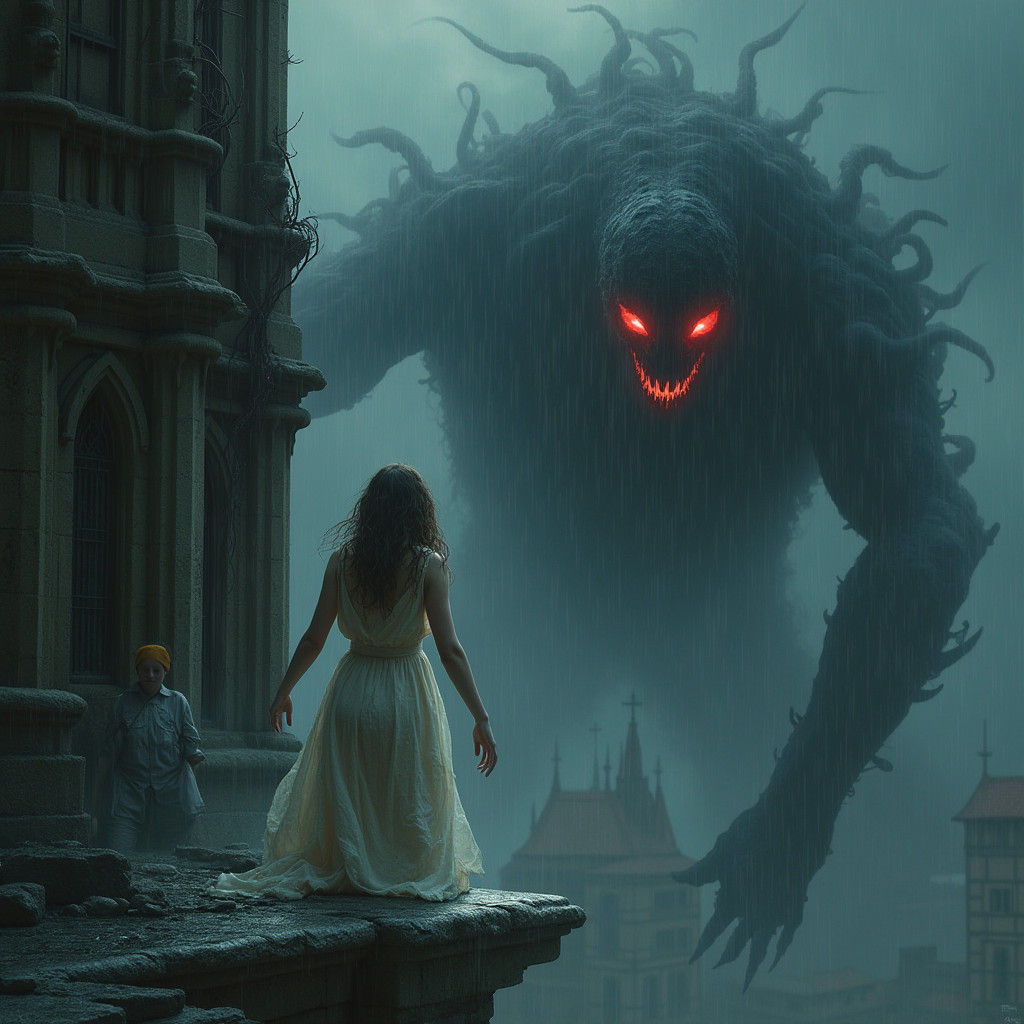 Distressed Woman and Shadow Monster in Gothic Setting