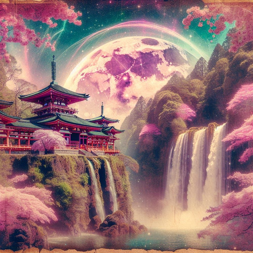 Spring Shinto Temple and Sakura Waterfall Double Exposure in...