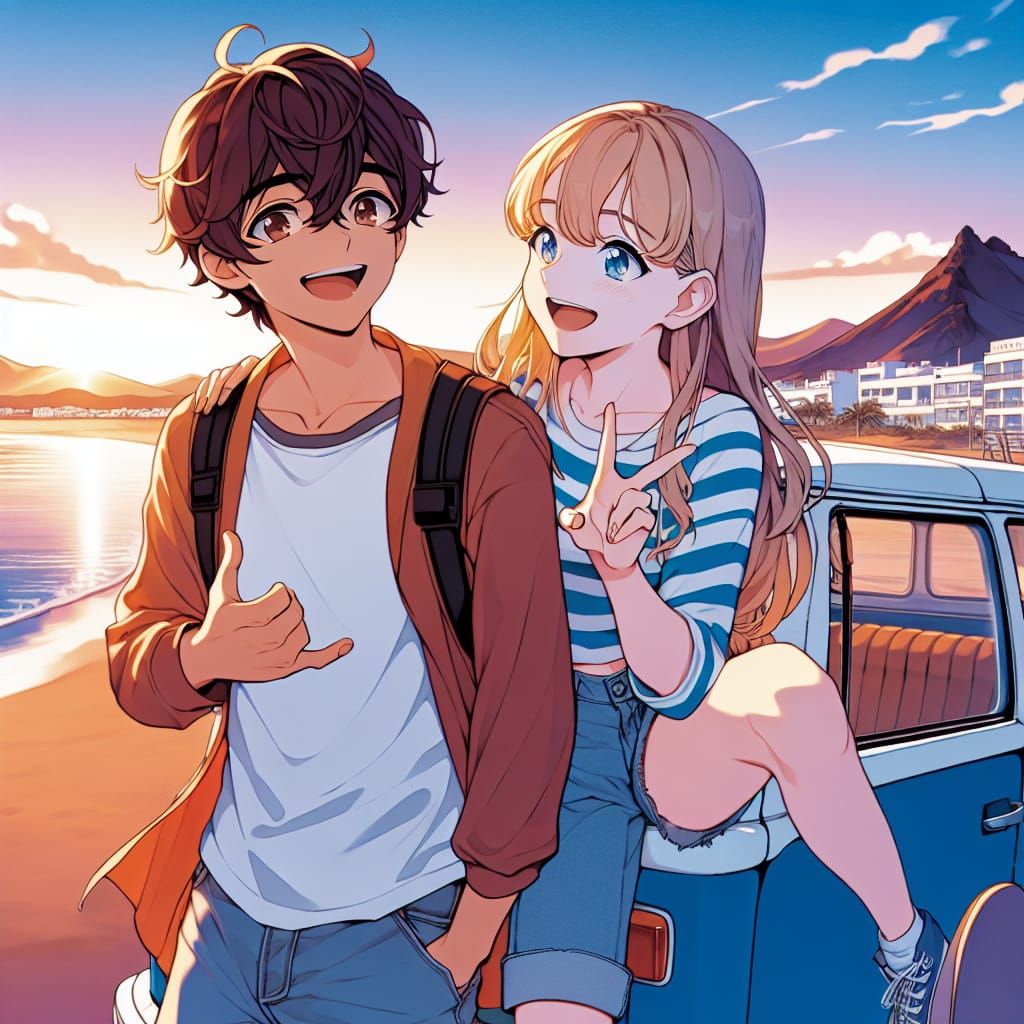 Kids' Sunset Beach Fun in Manga Style