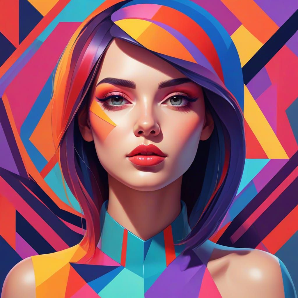 Neo-Cubism Painting of Woman Promoting Sale