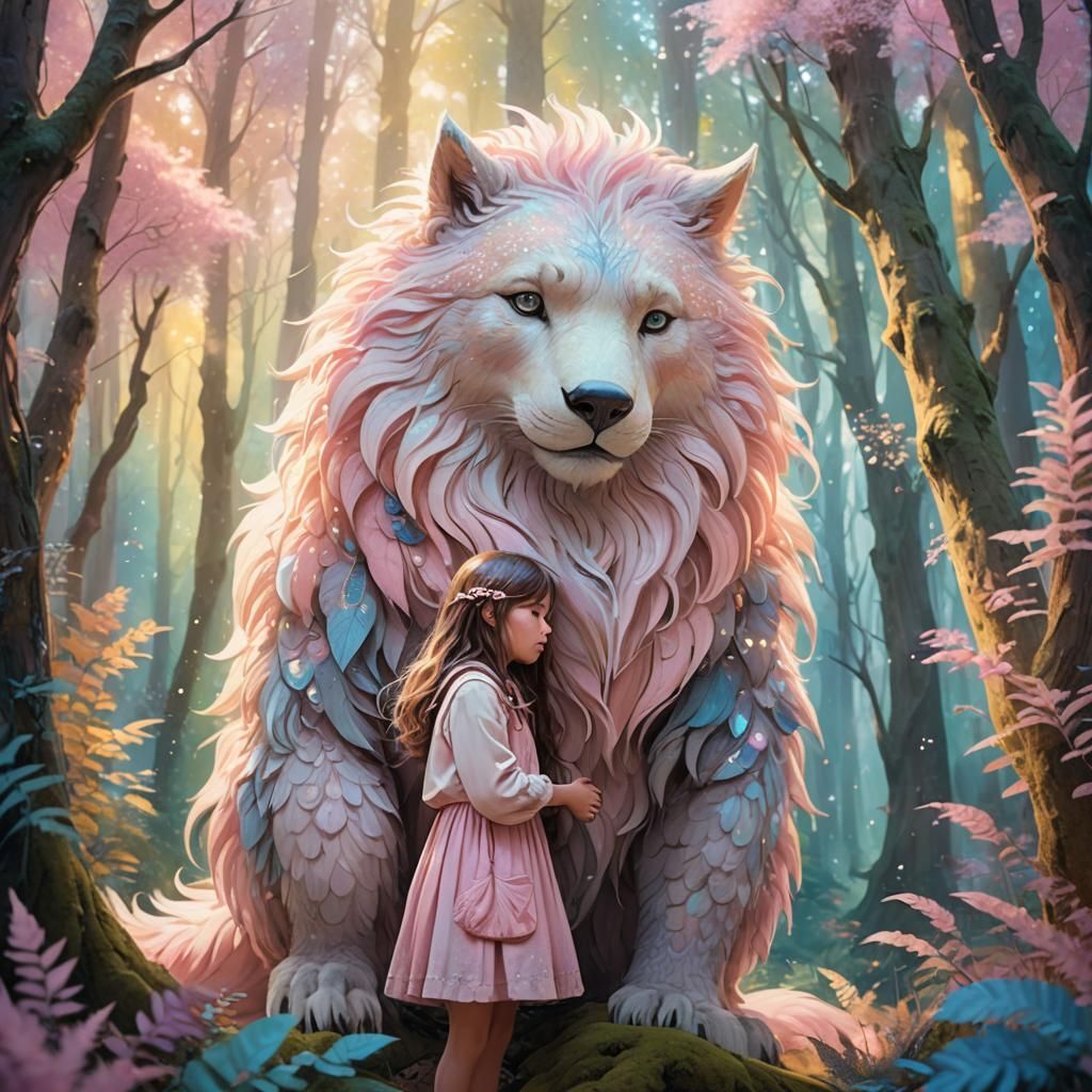 Enchanting Forest Scene with Girl and Fluffy Creature