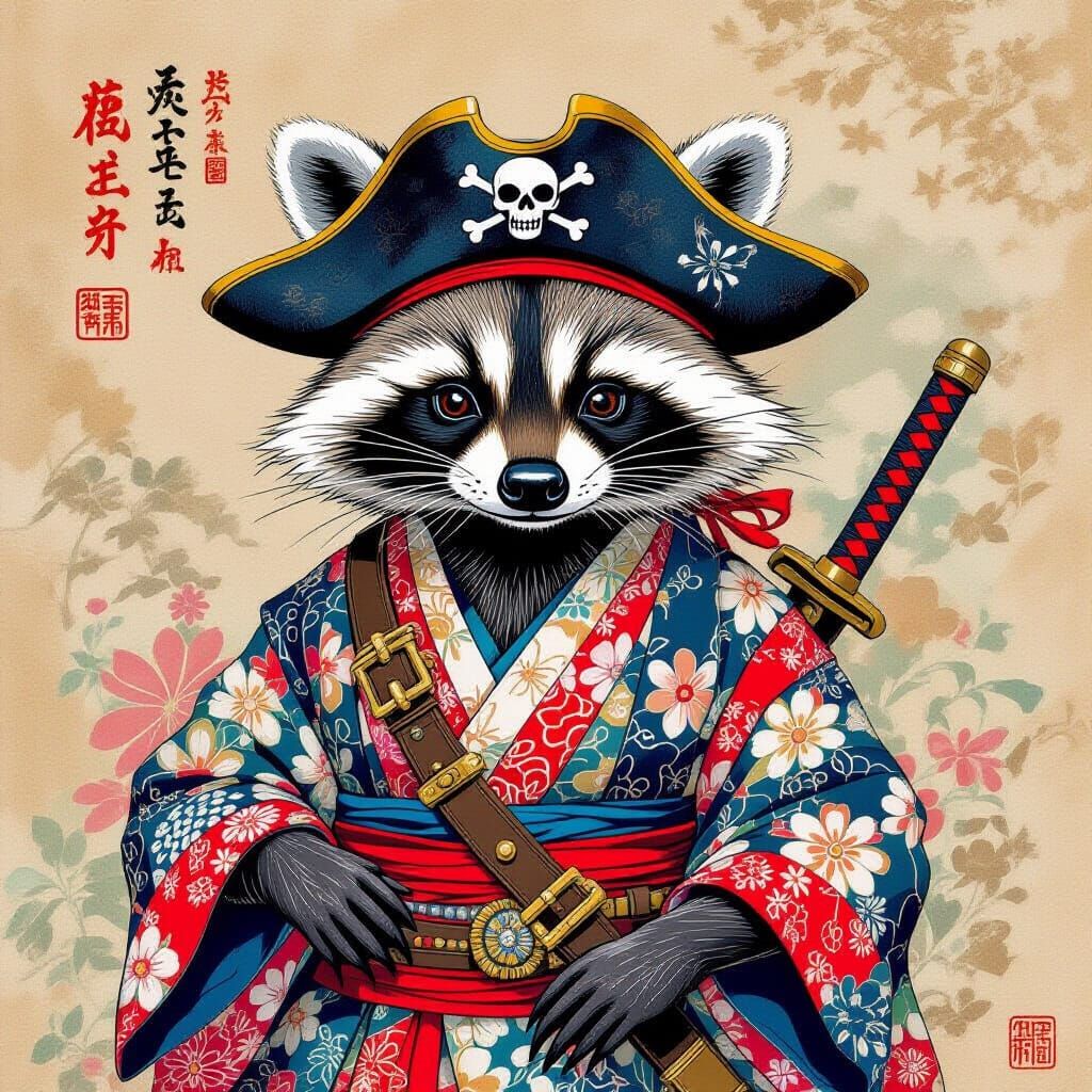 Raccoon Pirate in Japanese Quilt Style