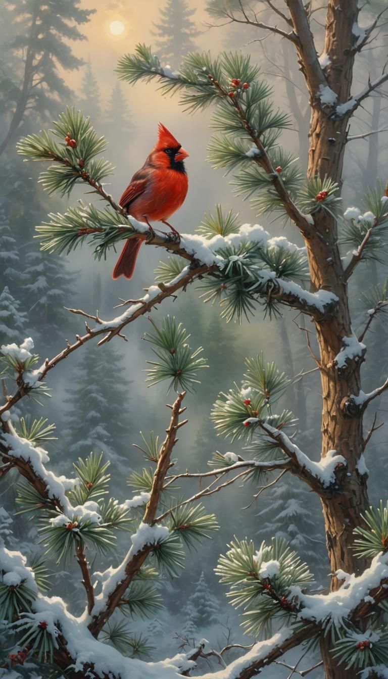 Cardinal in Snowy Pine: Ethereal Fantasy Scene