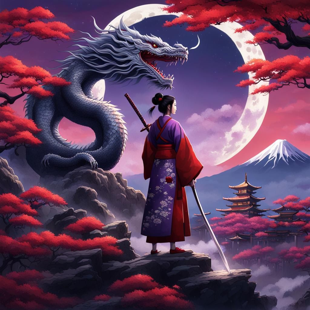 Dragon Guardian Protecting Samurai Lady in Fantasy Art