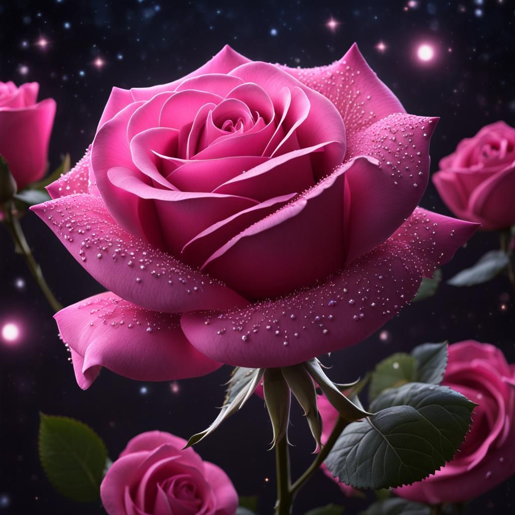 Pink Rose Opening, Star Lit: Fantasy Concept Art