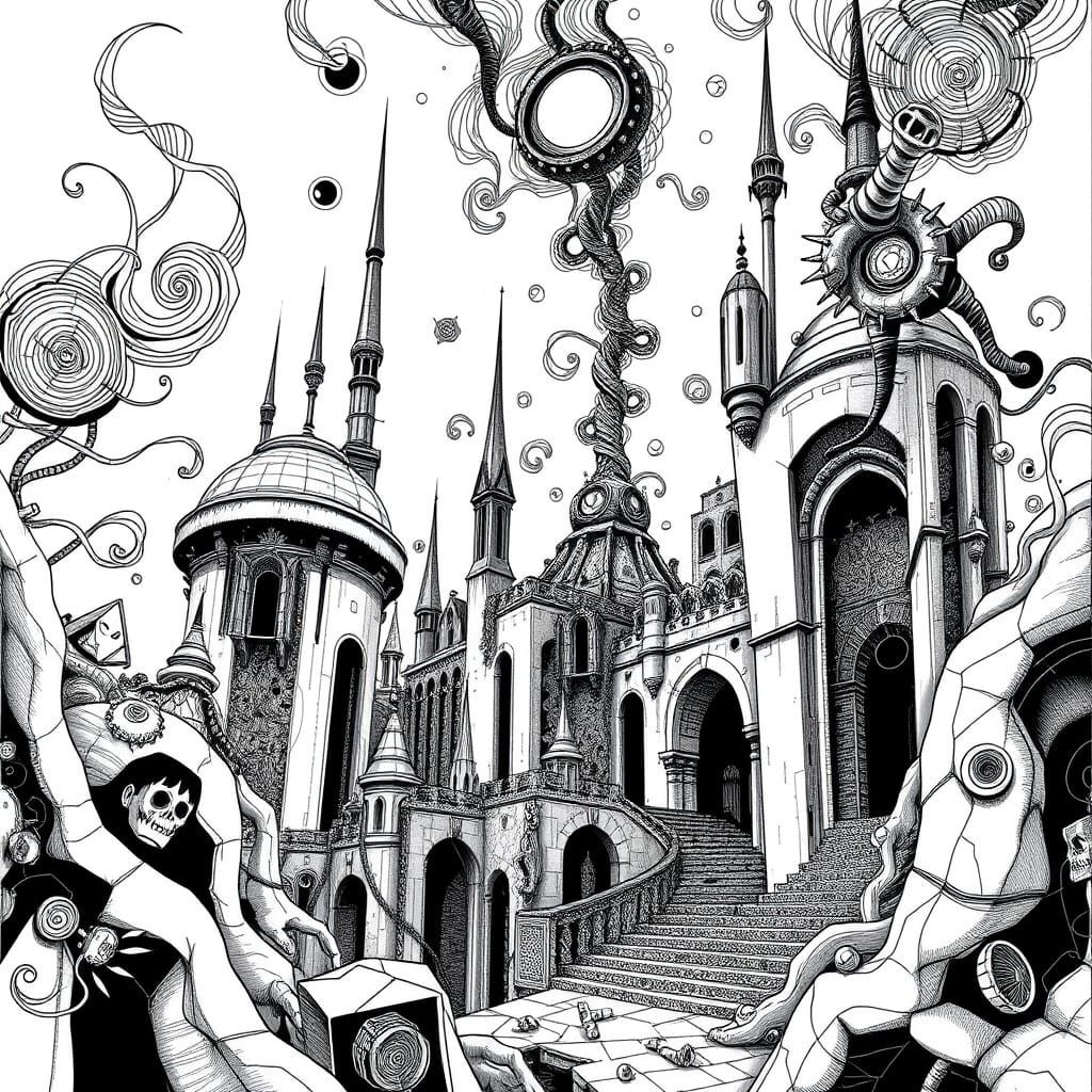 Mysterious Geometric Cityscape in Brutalist Style