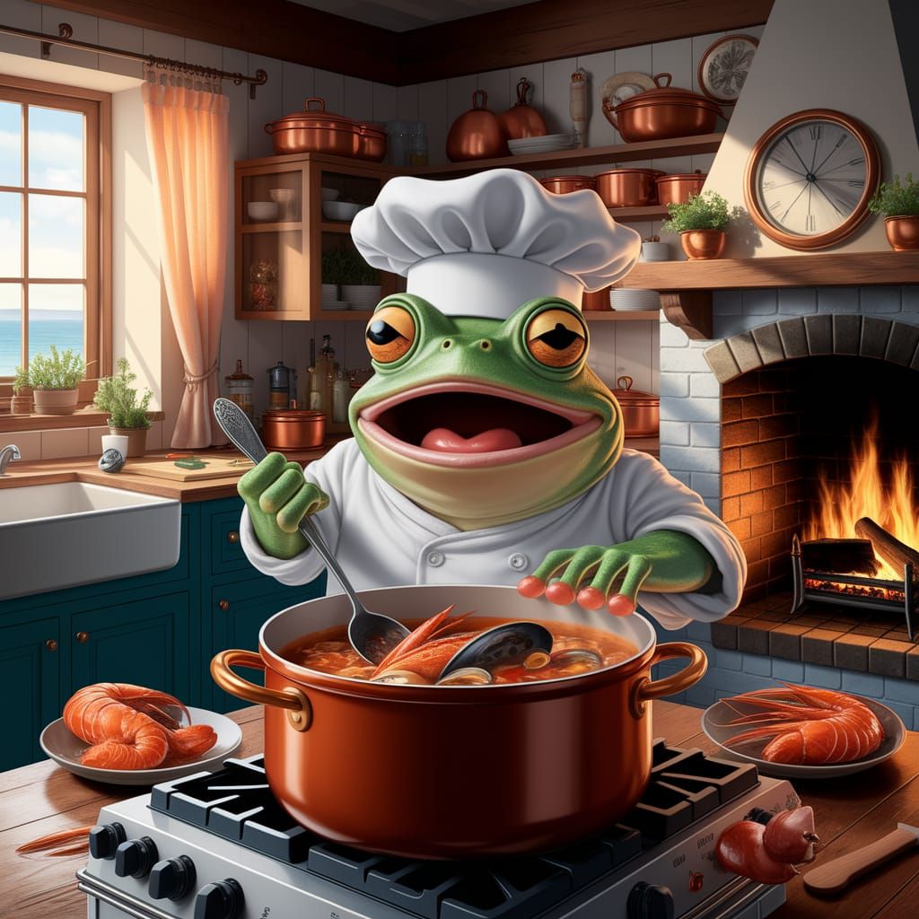 Surprised Frog Chef Cooking Seafood Stew