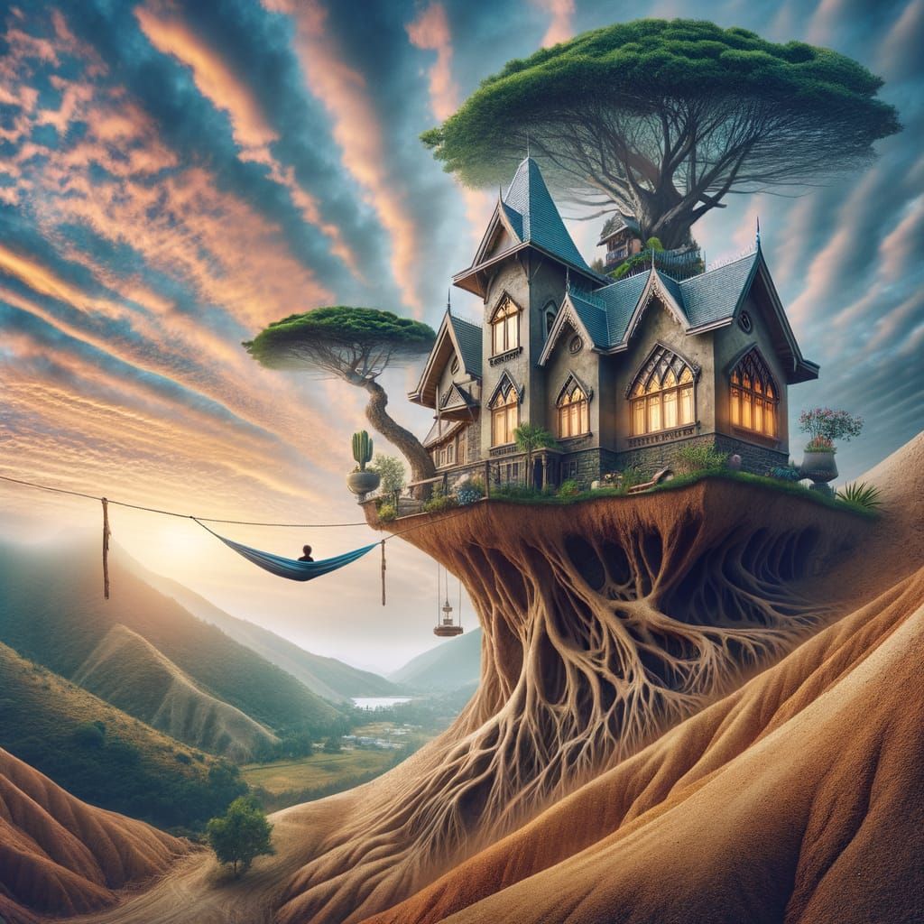 Surreal Vernacular House with Hammock Under Ethereal Sky