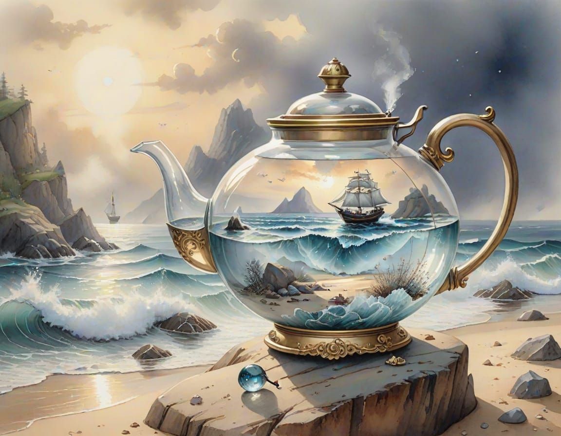 Crystal Teapot on Beach with Ship in Lightbulb