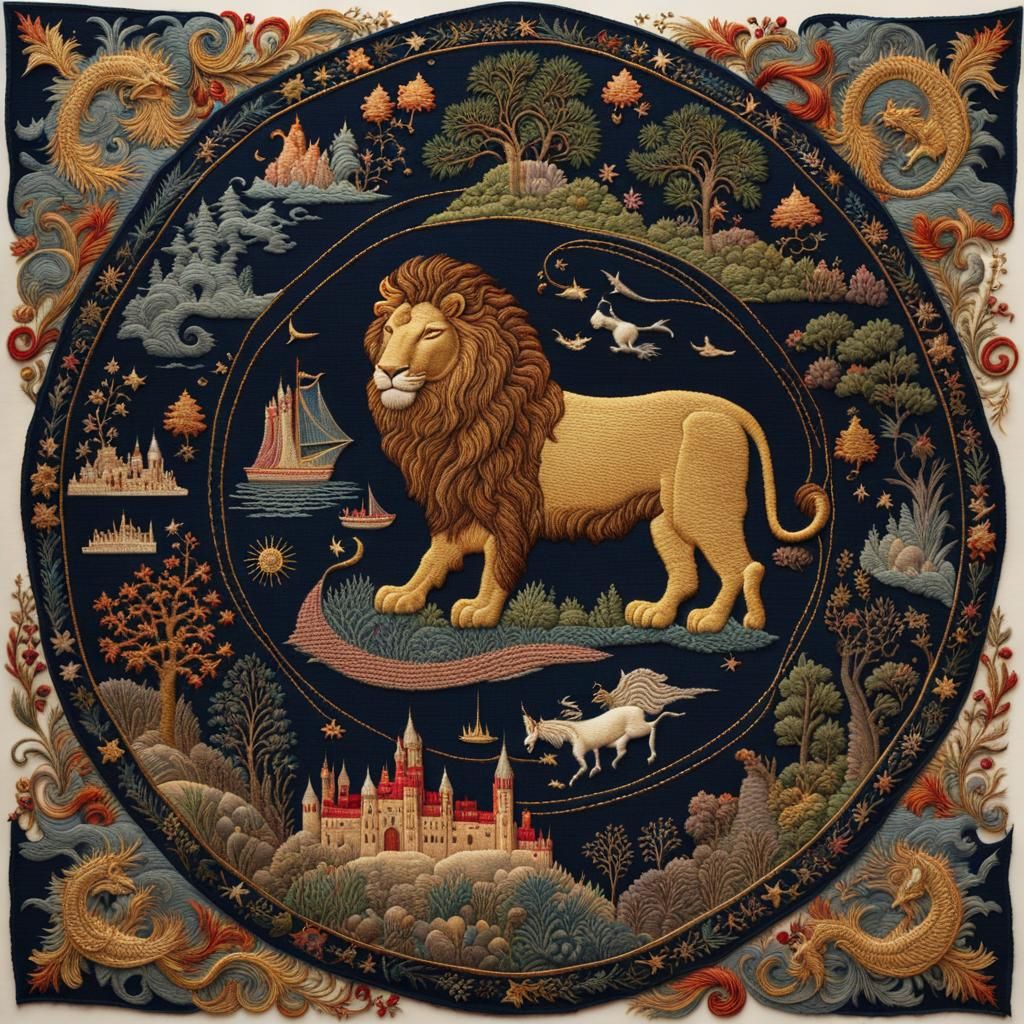 Intricate Embroidered Map with Mythical Beasts