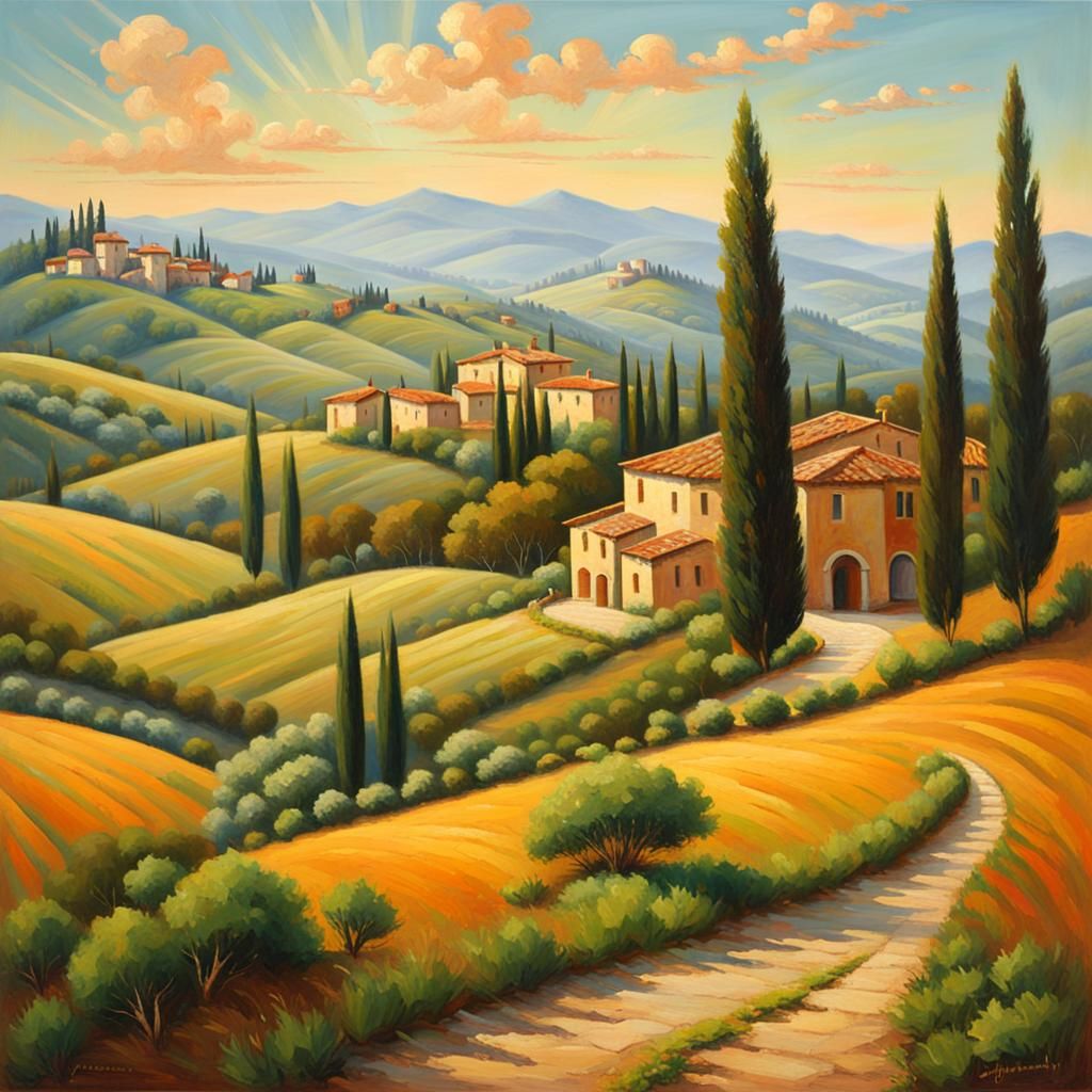 Tuscan Sunlit Villas in Vibrant Landscape Painting