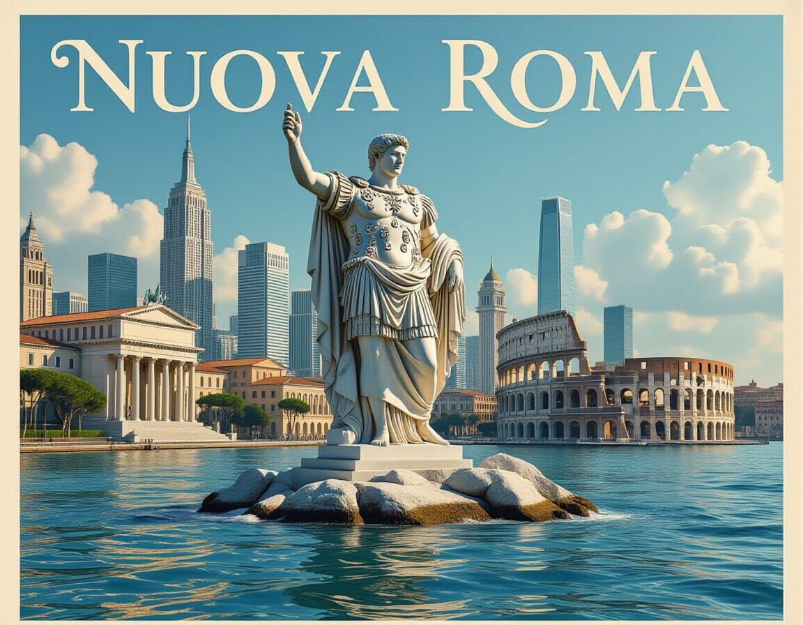 Hyperrealistic New Rome Cityscape with Roman Emperor Statue