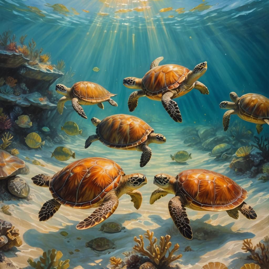 Loggerhead sea turtles, underwater scene oil painting by Jam...