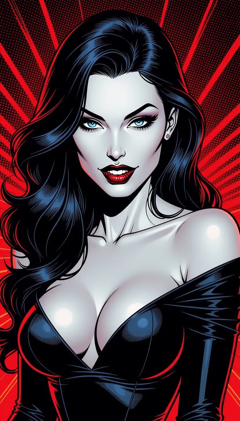 Beautiful Vampire Woman with Fangs in Comic Art Style
