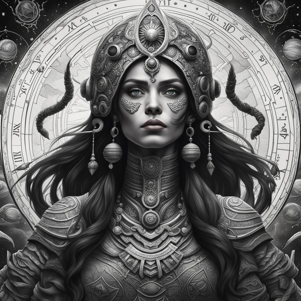 Astrological Scorpio Warrior Goddess in Black and White
