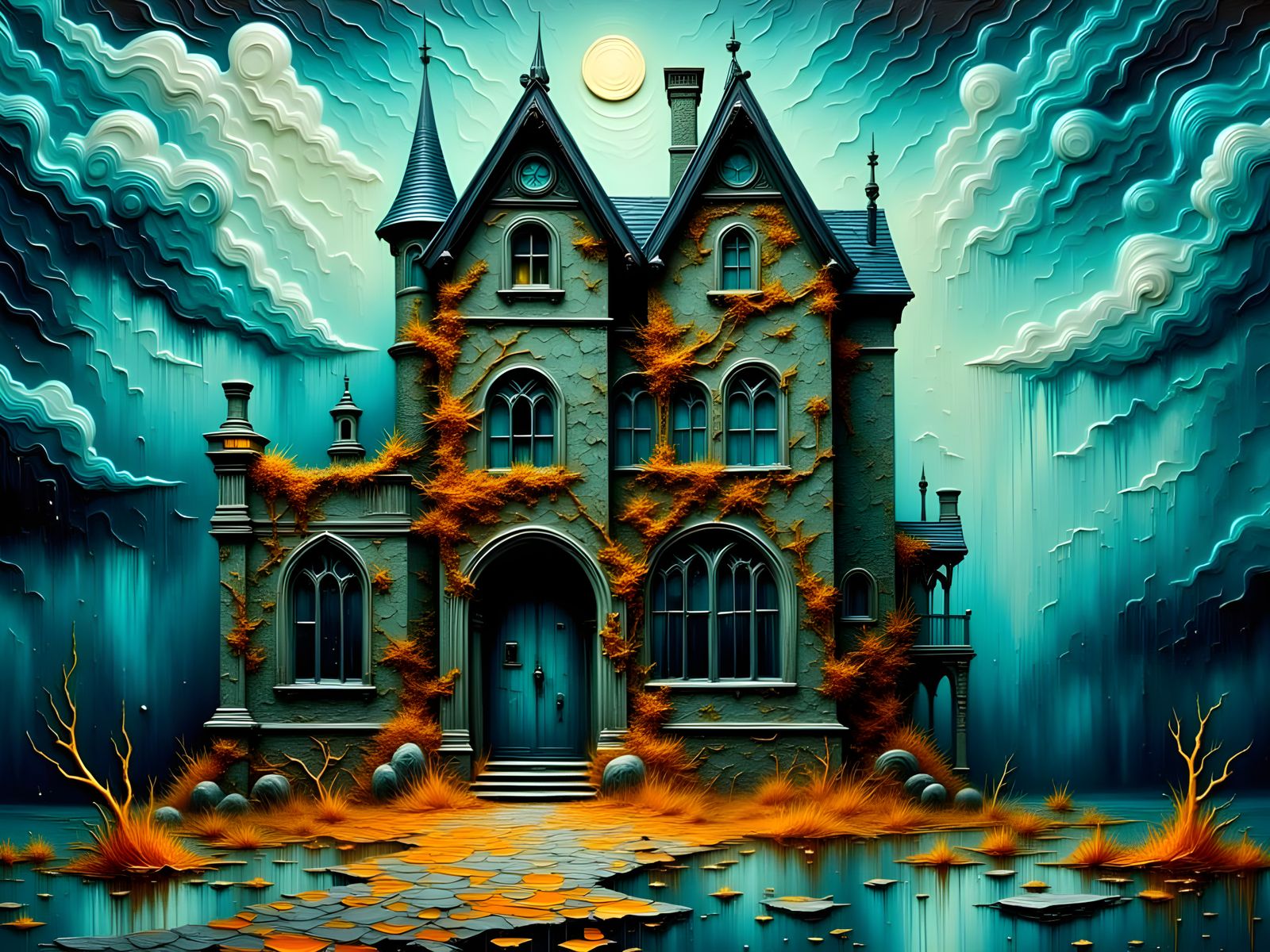 Surreal Gothic Castle Under Rainy Skies in Impasto Oil Paint...